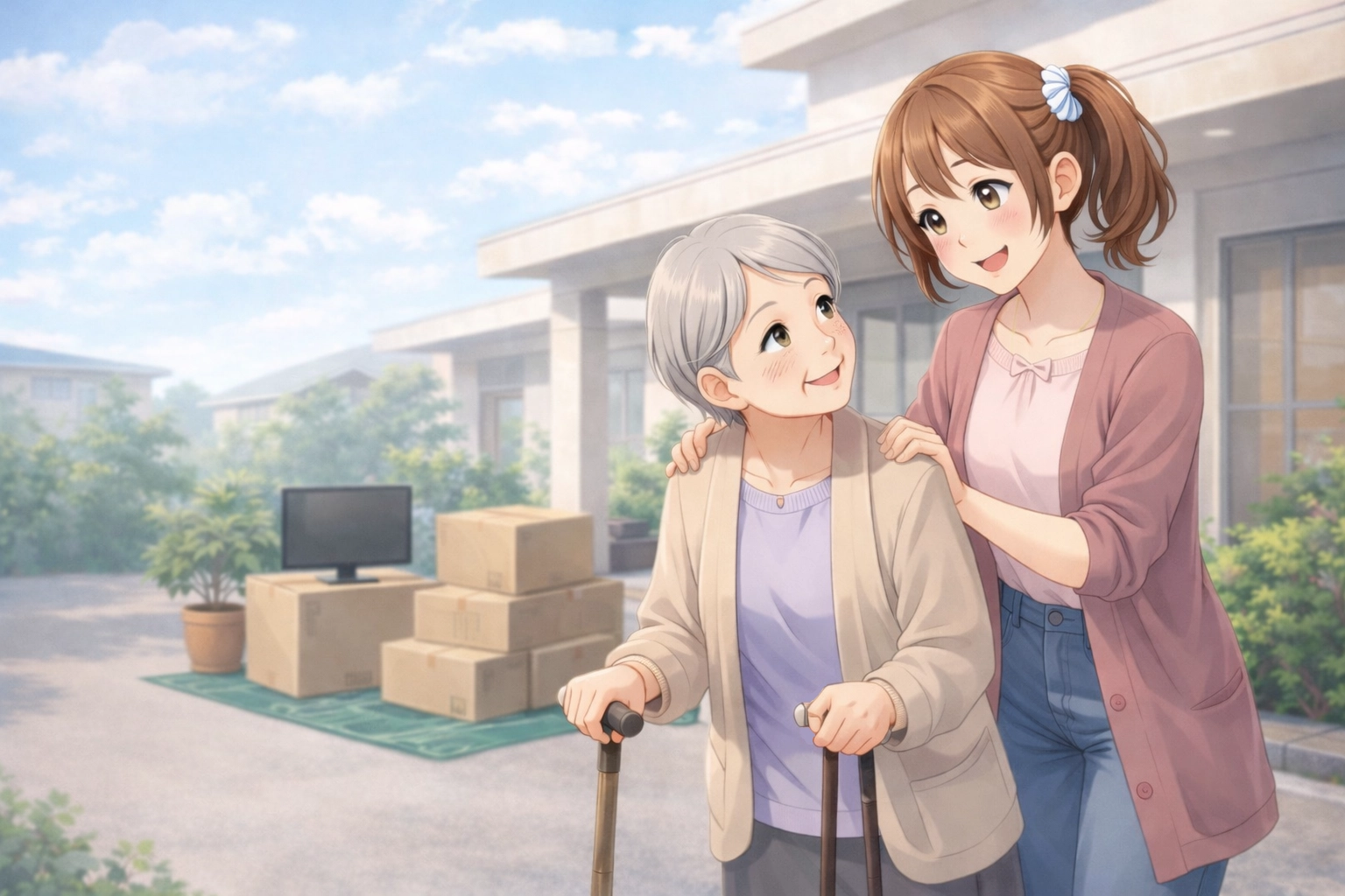 老人ホームへの引越しでお年寄りをいたわる まなちゃん｜赤帽池崎運送店