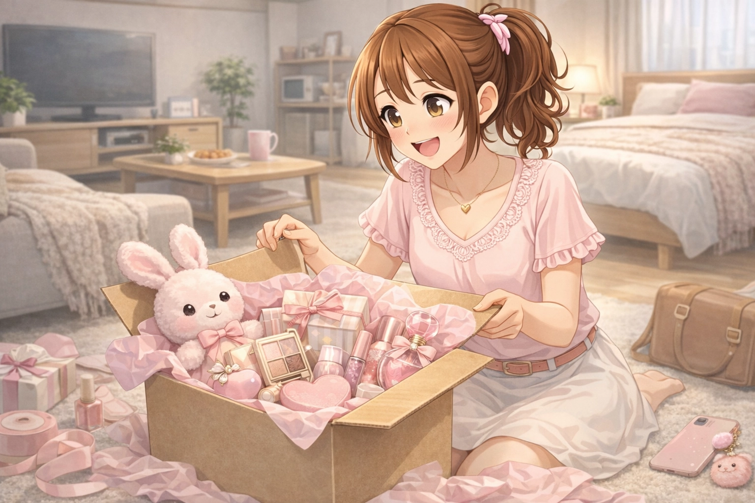 ダンボール箱をあけて喜ぶ まなちゃんのイラスト｜赤帽池崎運送店