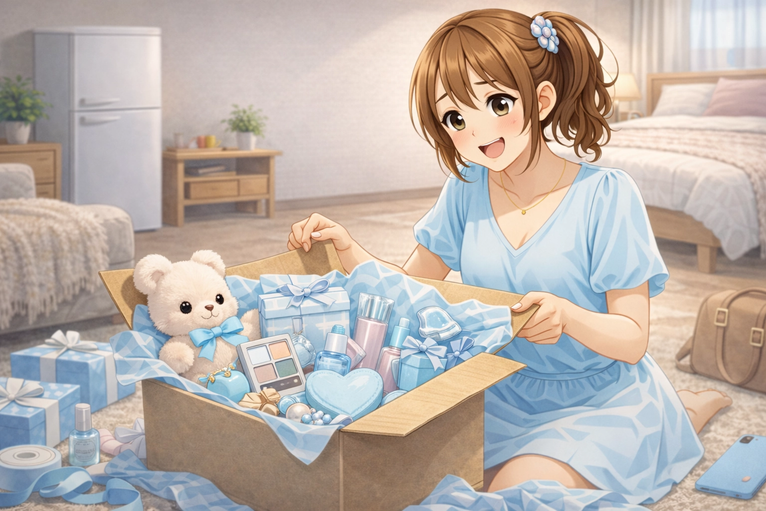 冷蔵庫が設置された部屋で荷物を開ける まなちゃん｜赤帽池崎運送店