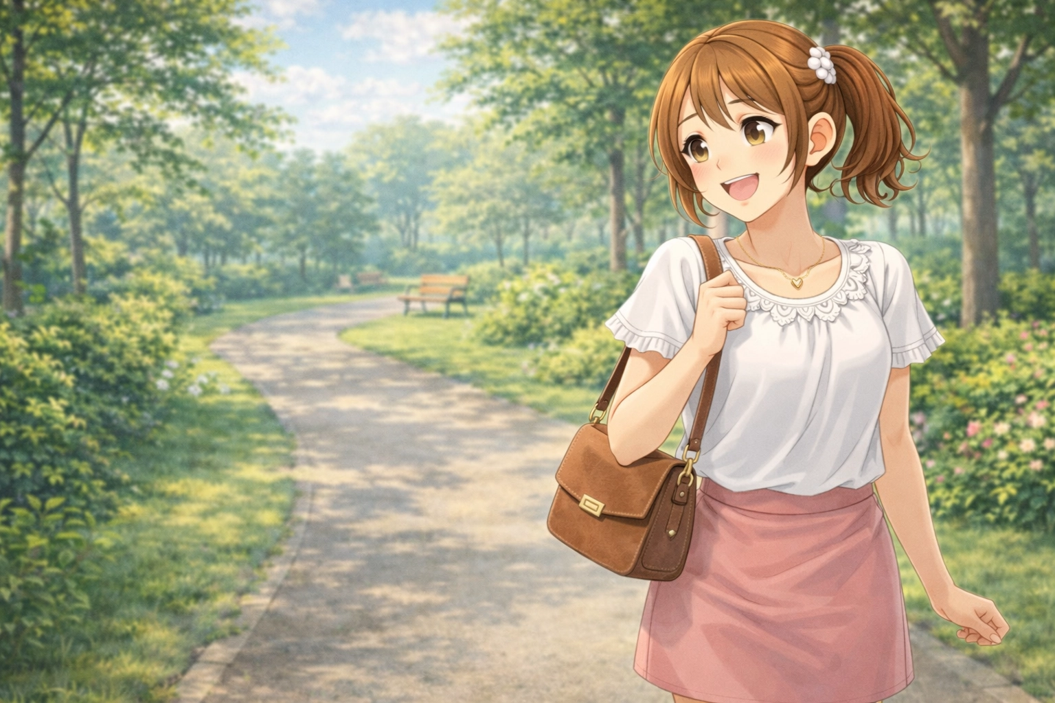 まなちゃんが公園を散策しているイラスト｜赤帽池崎運送店