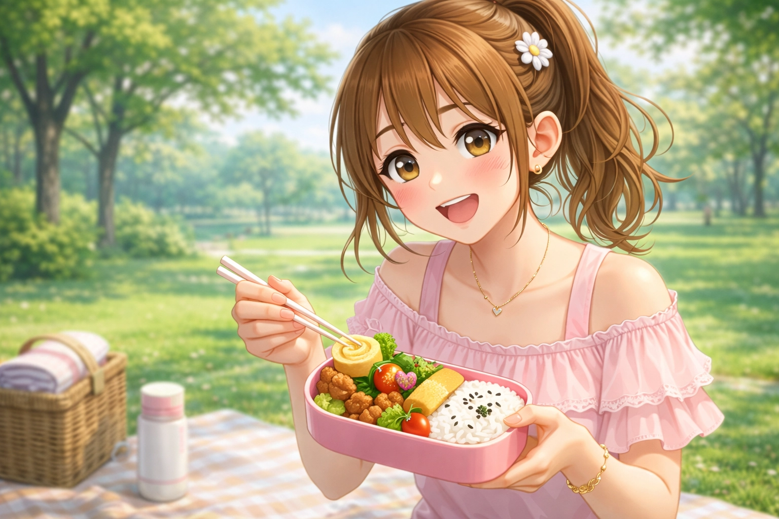 公園で楽しそうにお弁当をたべる まなちゃんのイラスト｜赤帽池崎運送店