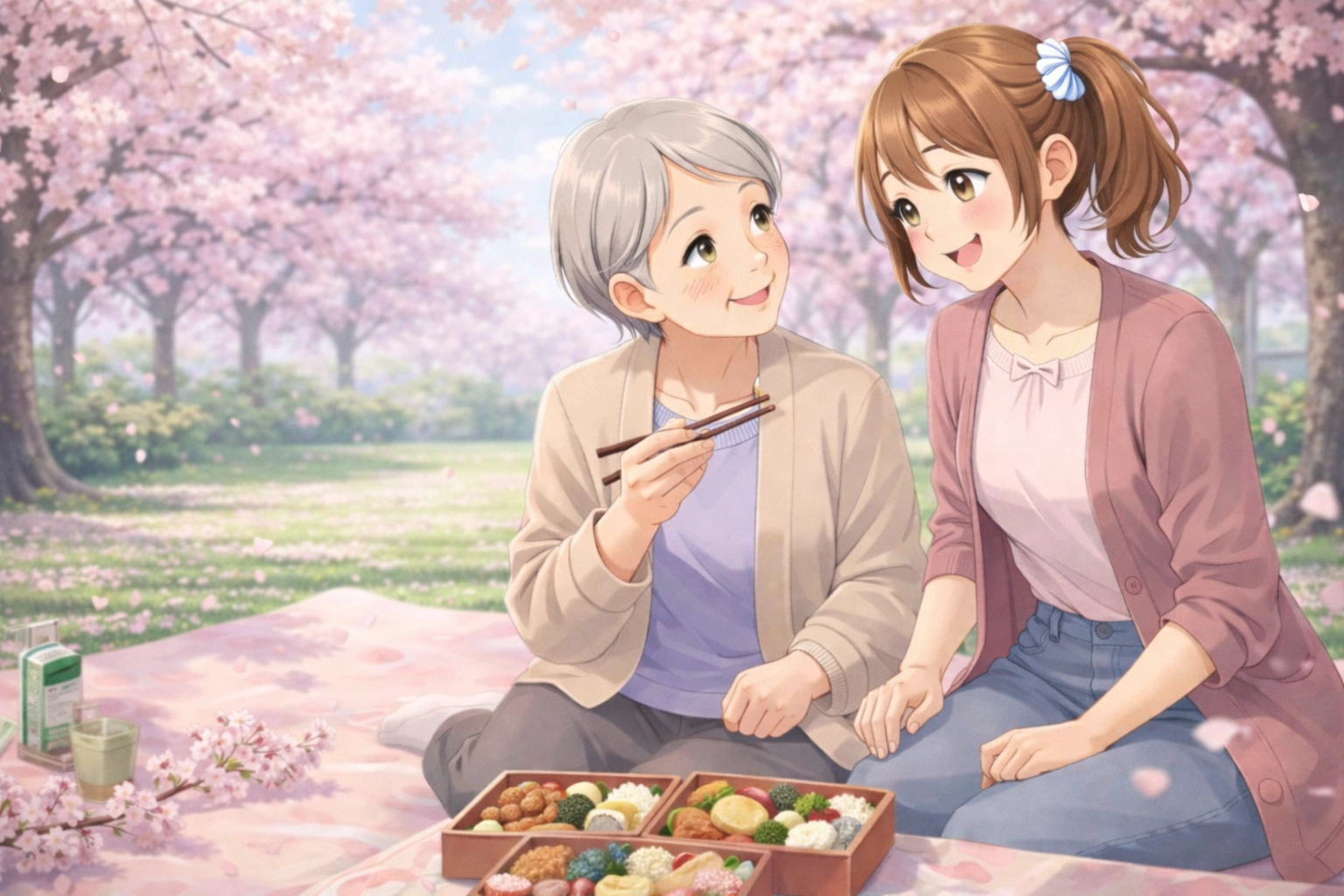 おばあちゃんとお花見をする まなちゃん｜赤帽池崎運送店